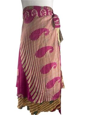 Darn Good Yarn Boho Sari Wrap Skirt in Fuchsia/Gold/Green Reversible Size 8-20